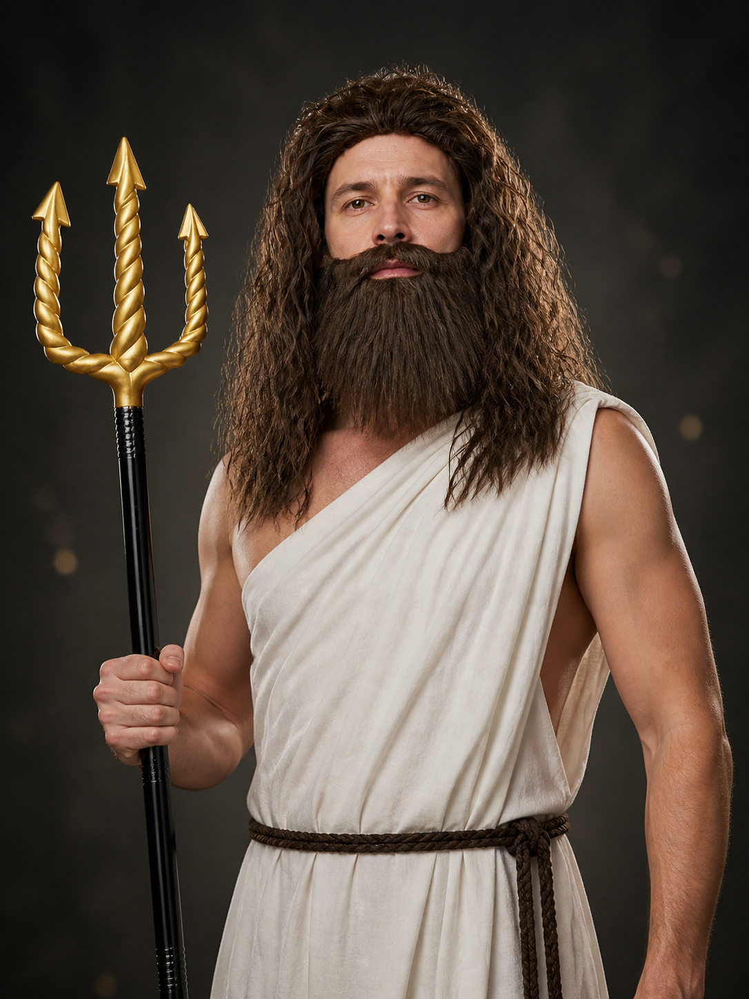 Man wearing a long brown wig and beard with a white draped outfit, holding a black staff with golden trident