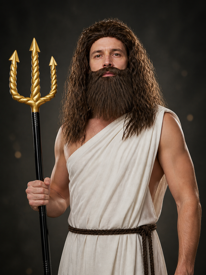 Man wearing a long brown wig and beard with a white draped outfit, holding a black staff with golden trident