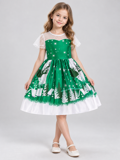 Festive Children's Dress with Winter Print Costume Dresses detail