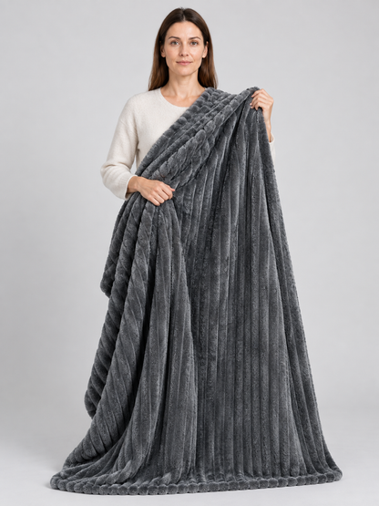 Dark Gray Flannel Blanket with Textured Stripes