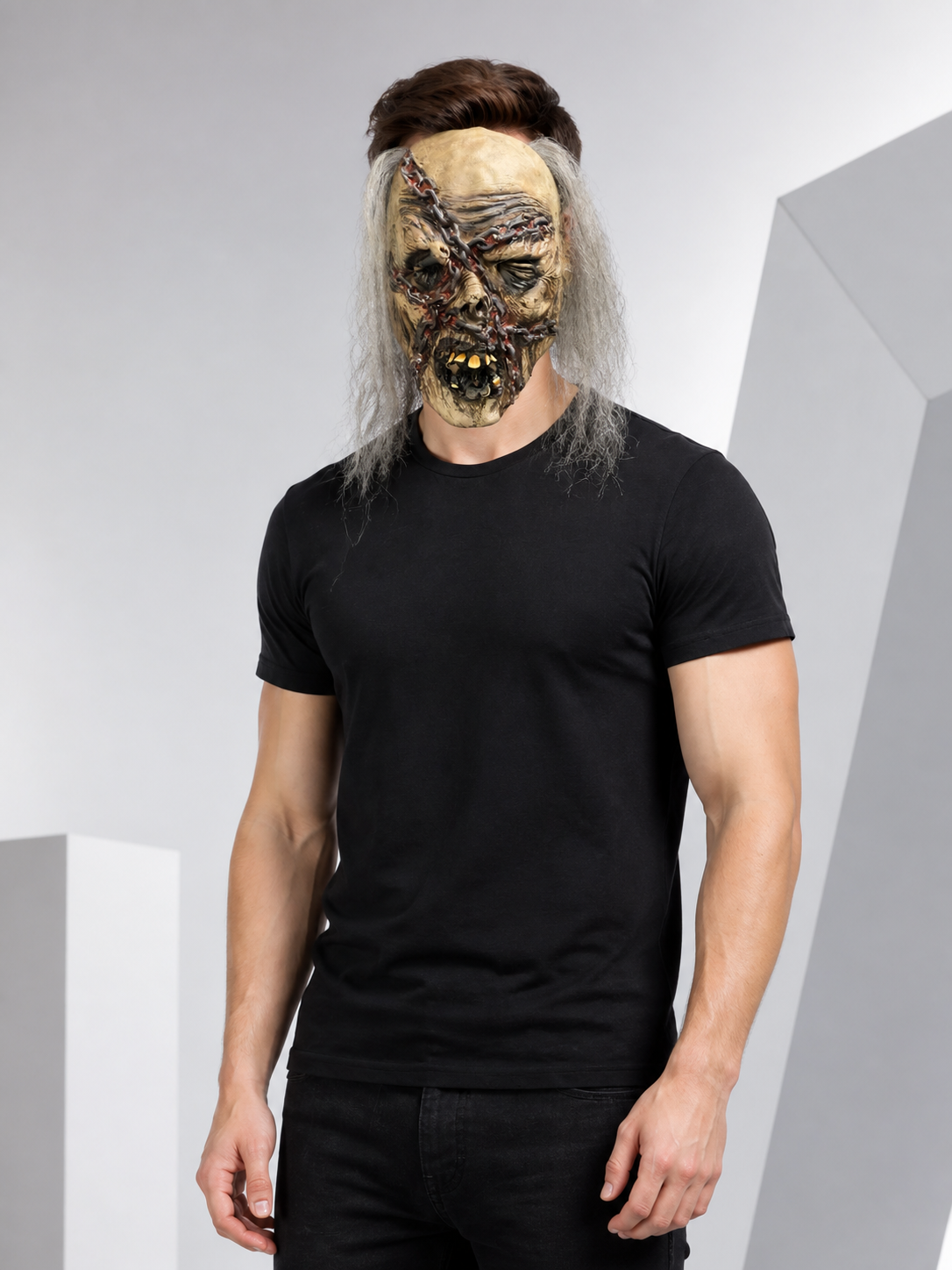 Zombie Halloween Mask with Chains and Long Hair