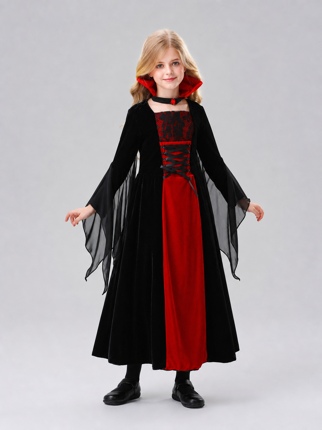 The vampire costume is designed in a black-and-red and gray-and-black color scheme and features a long garment with a silhouette reminiscent of a vampire cloak. The design includes a red hood, long sleeves, and semi-transparent gray-and-bla
