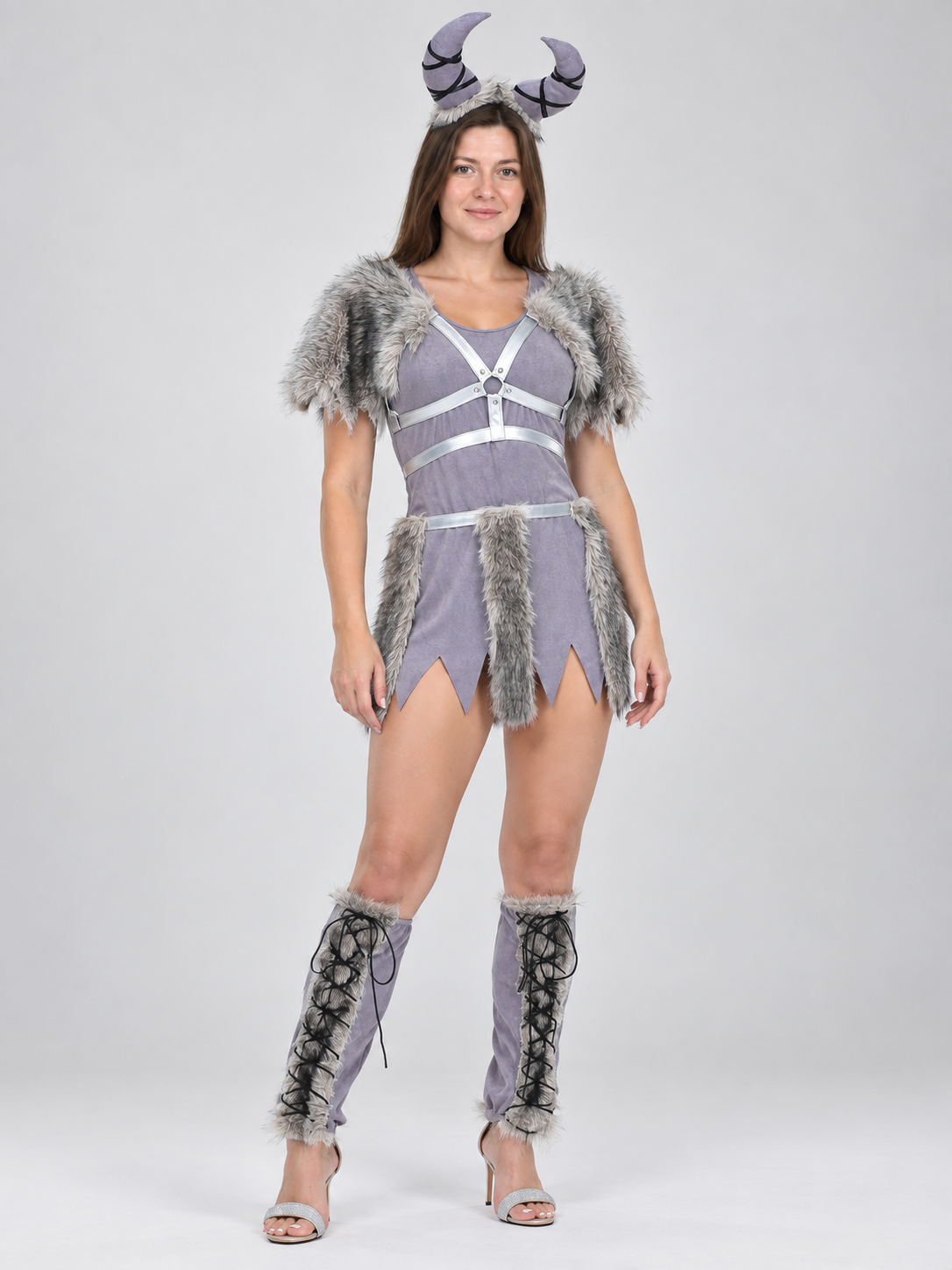 Viking Costume with Horned Headpiece and Fur