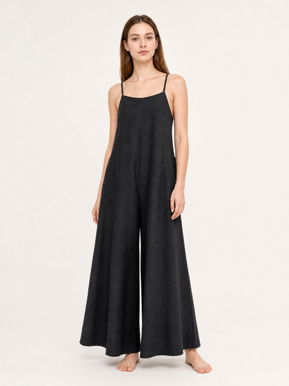 Loose Wide-Leg Black Cotton and Linen Overalls with Straps