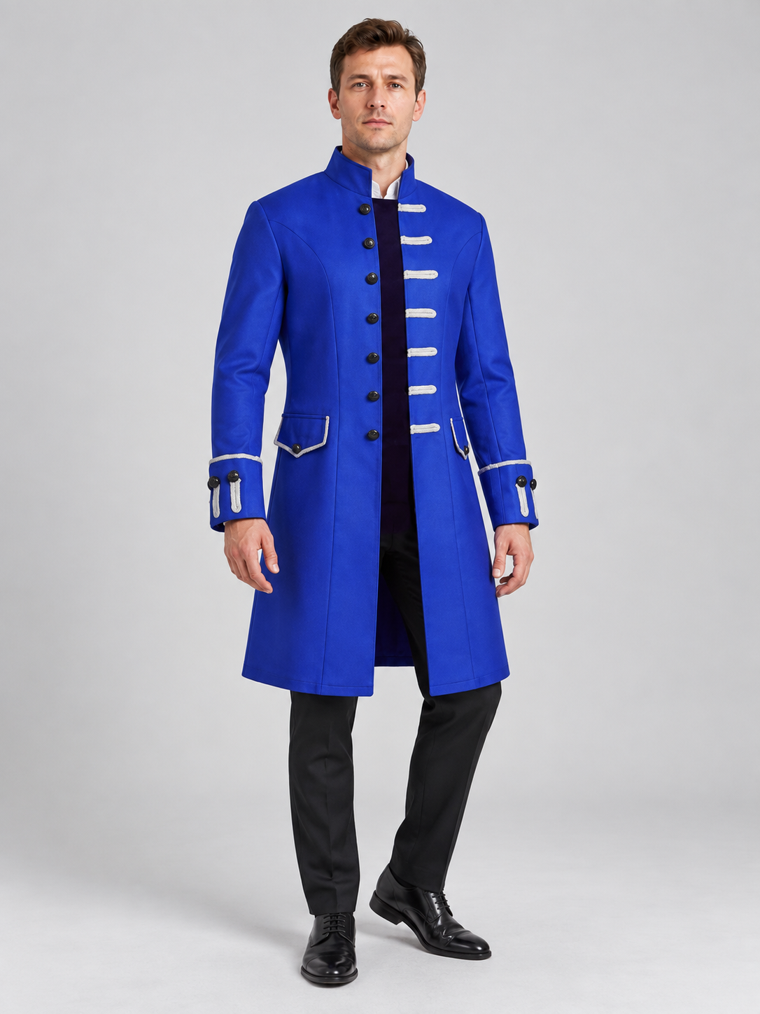 Long blue frock coat with black trim and stand collar