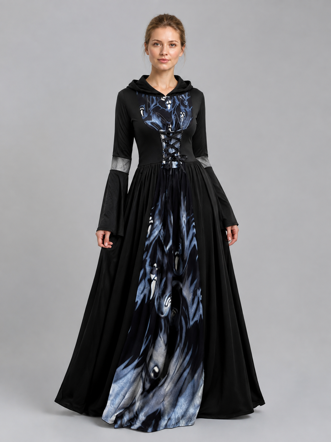 Floor-Length Gothic Hooded Dress with Lace-Up Detail Costume Dresses detail