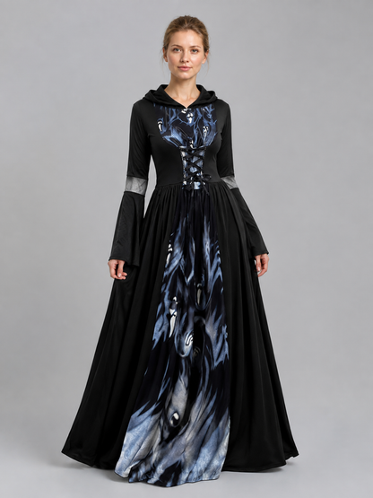 Floor-Length Gothic Hooded Dress with Lace-Up Detail Costume Dresses detail