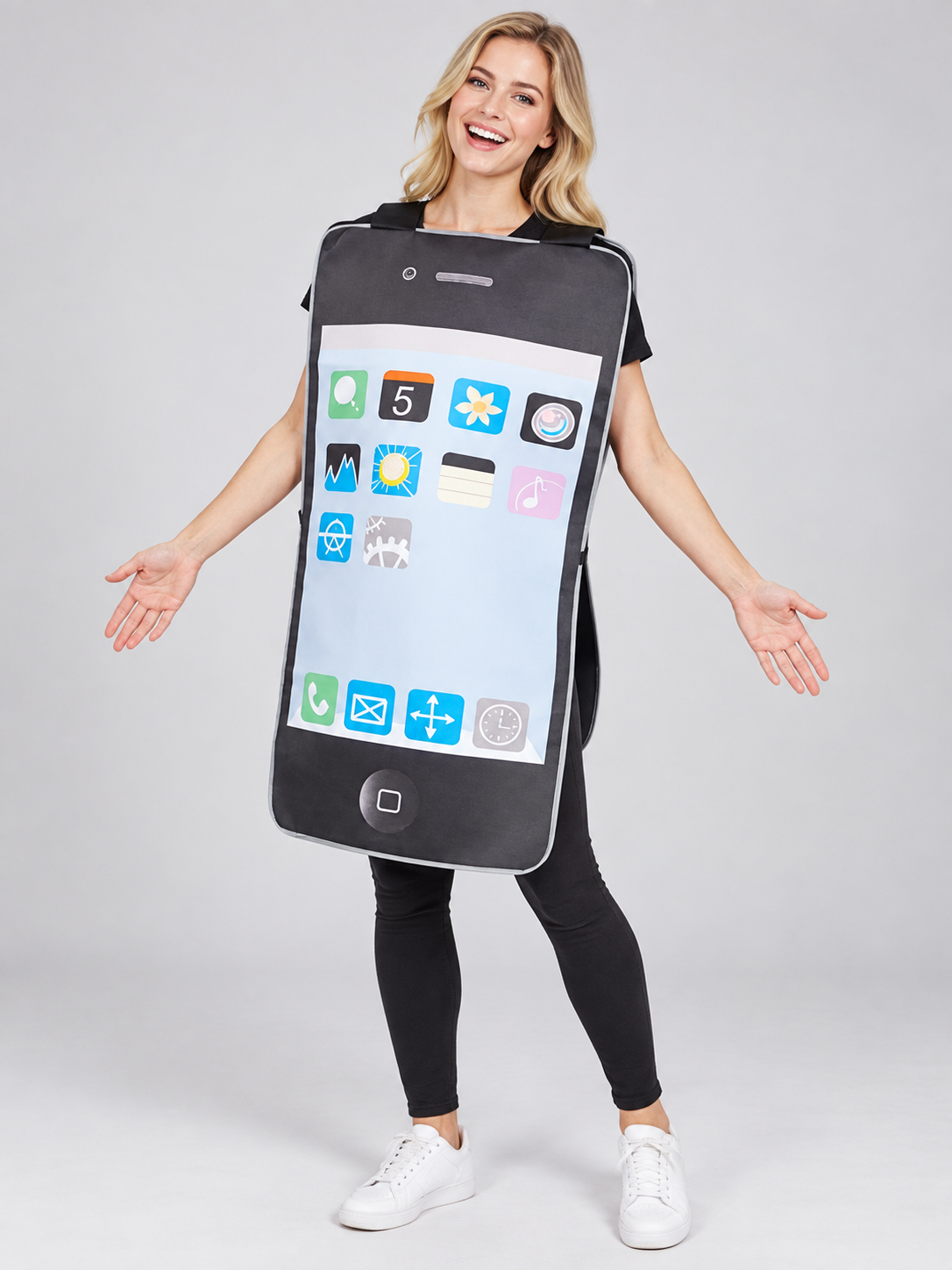 Smartphone-shaped carnival costume with screen and button