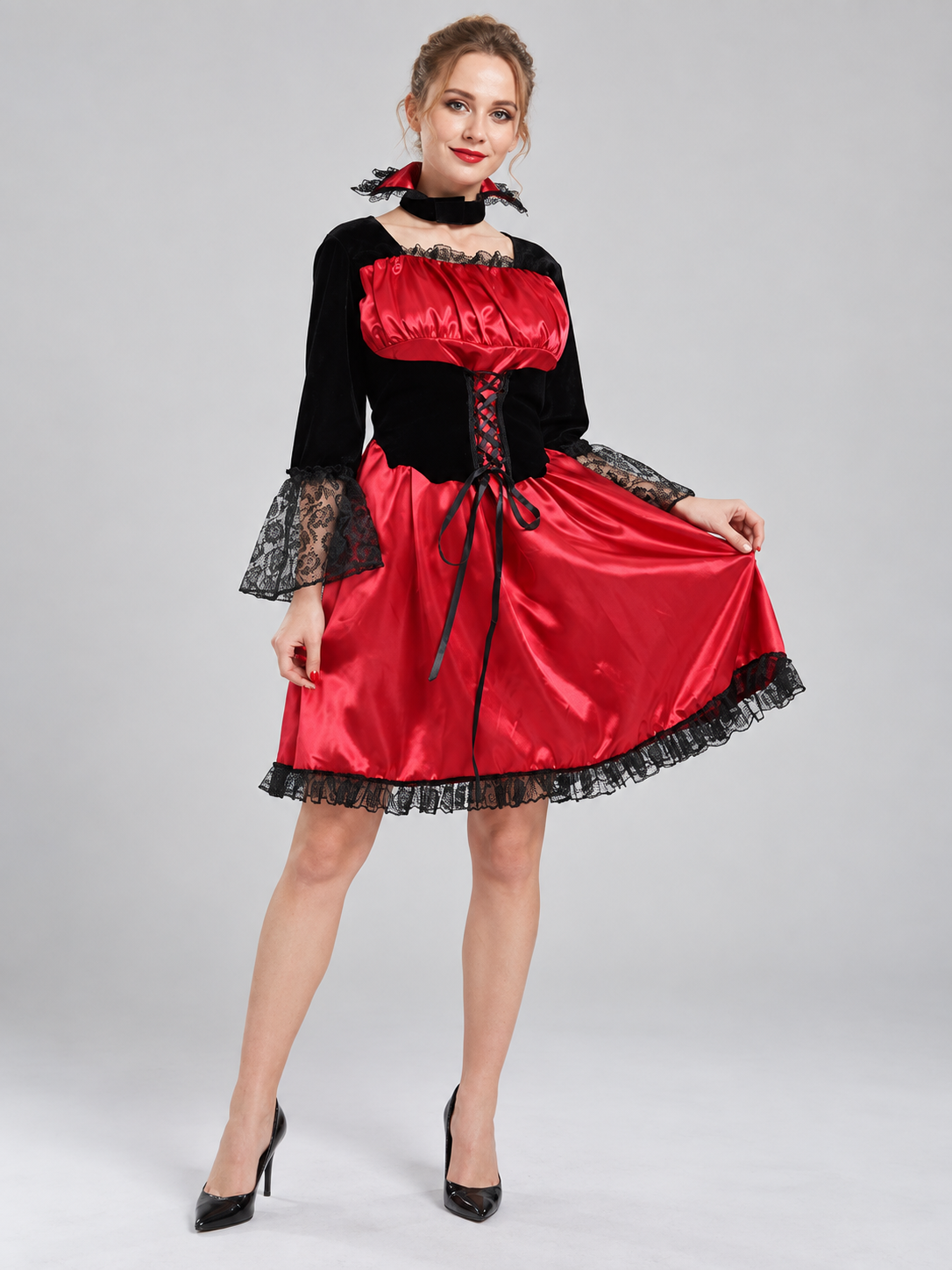 Carnival Costume: Red and Black Dress with Lace, Choker