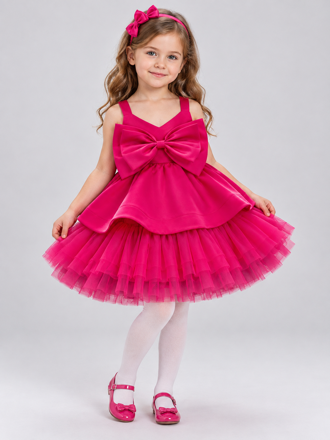 Girls' Festive Dress Bright Pink with Bow