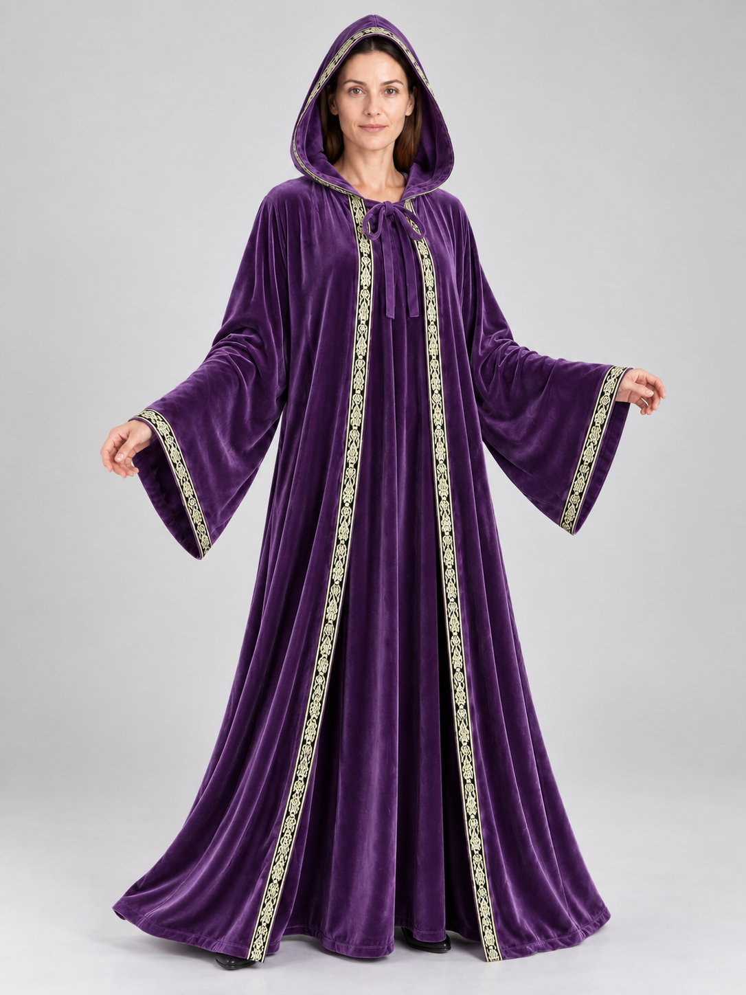 Hooded Cloak-Mantle, Purple, with Patterned Trim