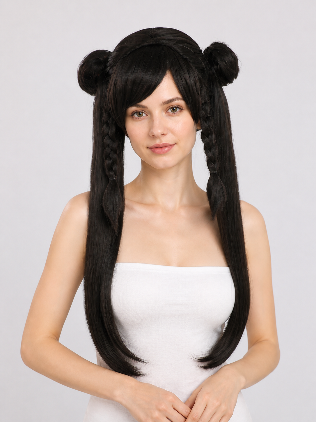 Black Cosplay Wig with Braids and Two Buns Costume Wigs detail