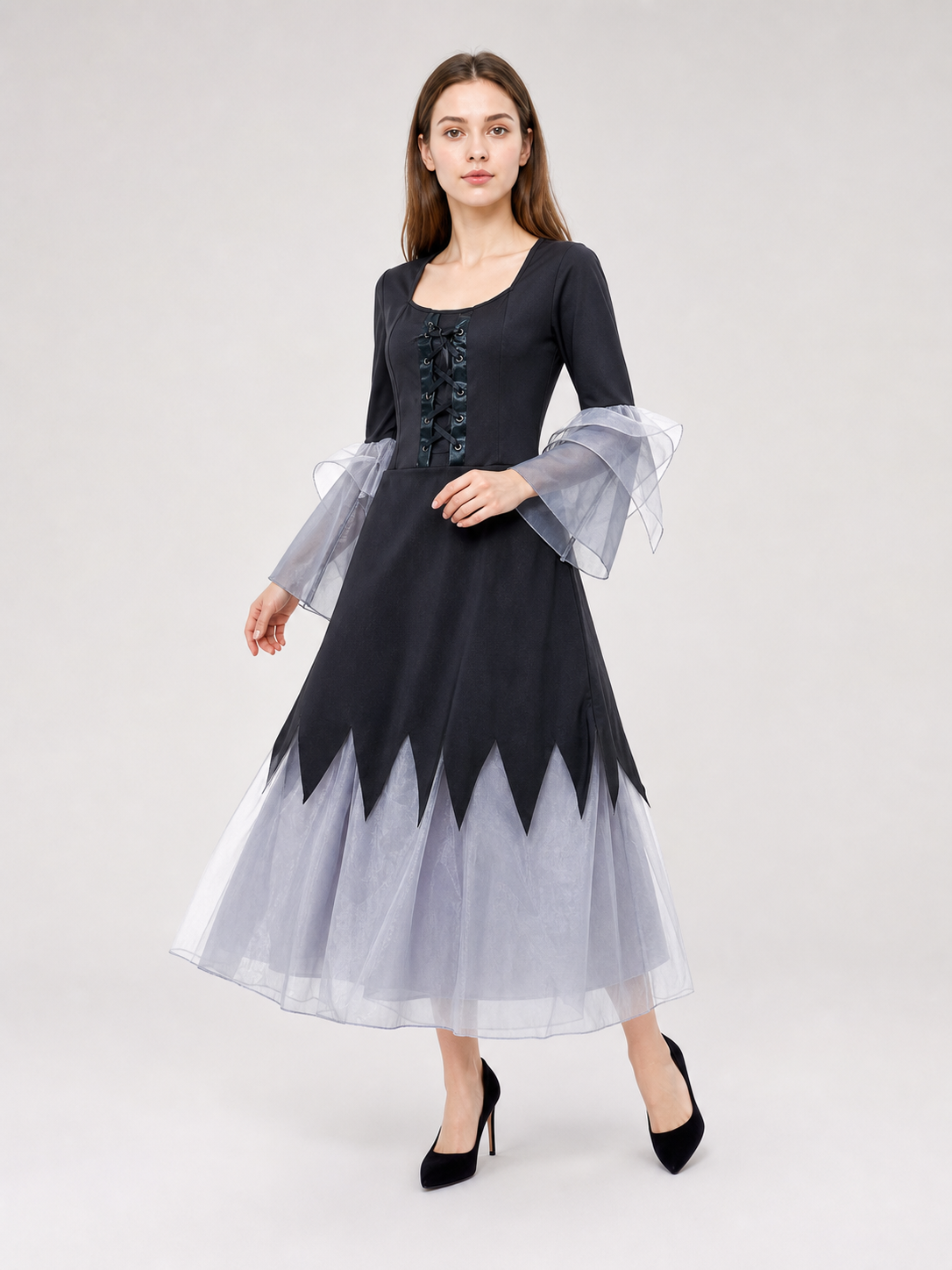 Gothic Black and Gray Lace-Up Cosplay Dress