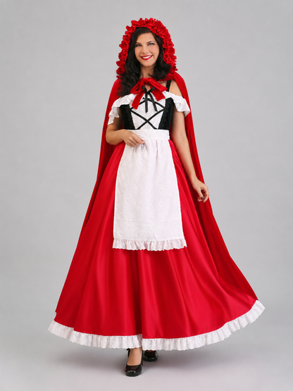 Red Riding Hood costume set designed as a dress with a cape, suitable for stage performances, festive dress-up, and themed cosplay. The set includes a costume combining a red dress with a full silhouette, a white apron-style front, and a re