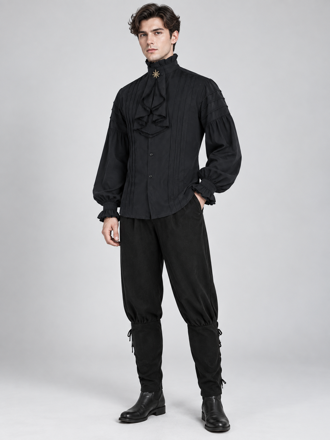 Medieval-Style Costume in Black with a Jabot and Star Brooch