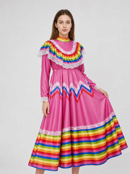 Folkloric Dress with a Full Skirt and Lace