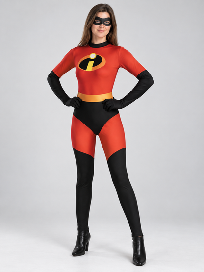 Red and black superhero costume with mask and yellow belt