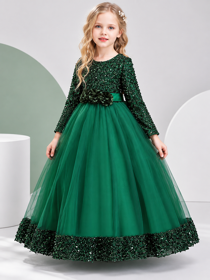 Dark green long dress with sequins and a bow