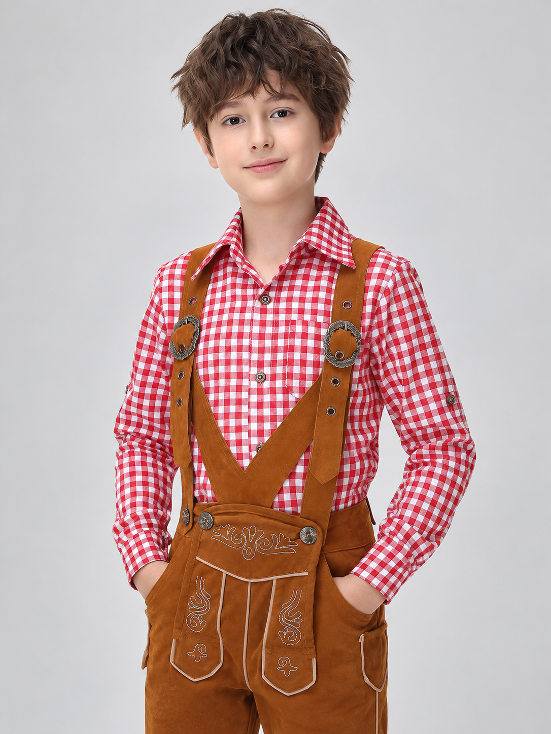 Red and white plaid shirt with a polyester collar