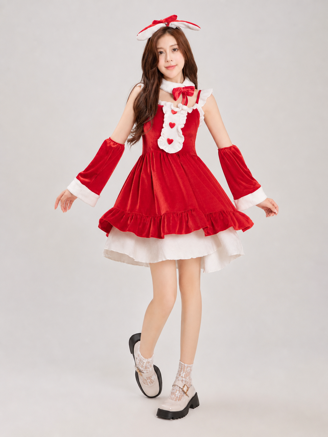 Christmas-Themed Dress with Bow and Ruffles