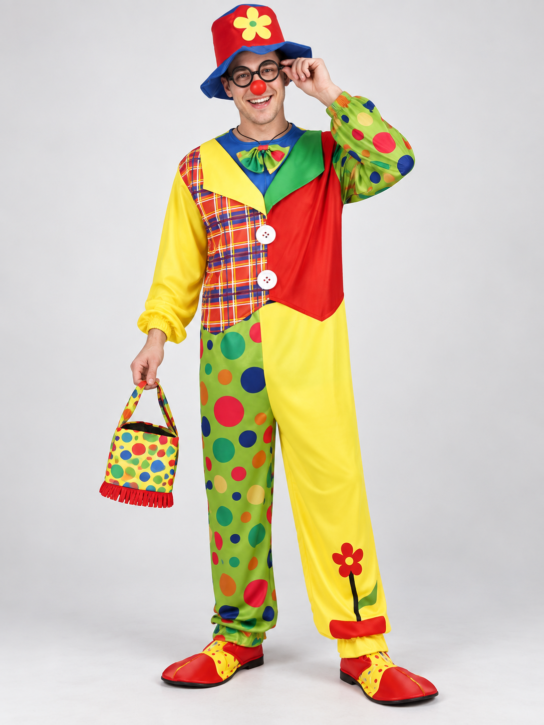 Adult Clown Costume with Hat and Bow Tie