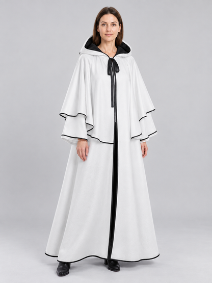 Long White Hooded Cloak with Black Trim
