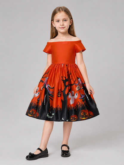 Orange children's dress with a Halloween print Costume Dresses detail