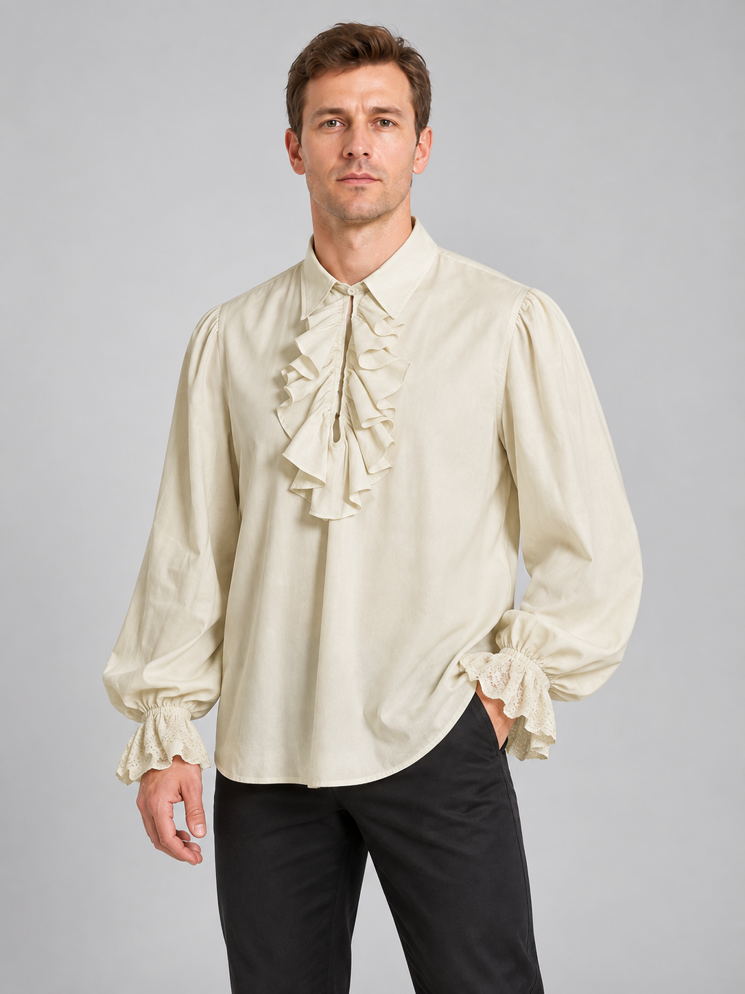 Beige shirt with a jabot and ruffled cuffs