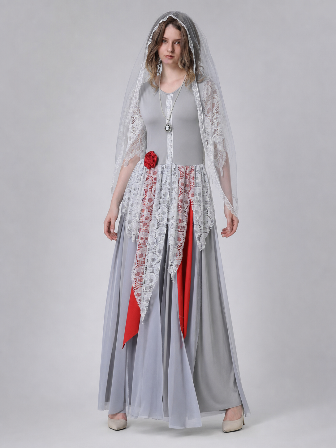 A retro court-inspired costume featuring a gray floor-length dress with white lace details and a veil. The design has a round neckline, long sleeves, a fitted bodice, and a flared skirt. White lace overlay appears on the sleeves and lower p