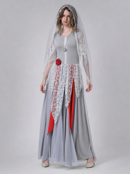 A retro court-inspired costume featuring a gray floor-length dress with white lace details and a veil. The design has a round neckline, long sleeves, a fitted bodice, and a flared skirt. White lace overlay appears on the sleeves and lower p