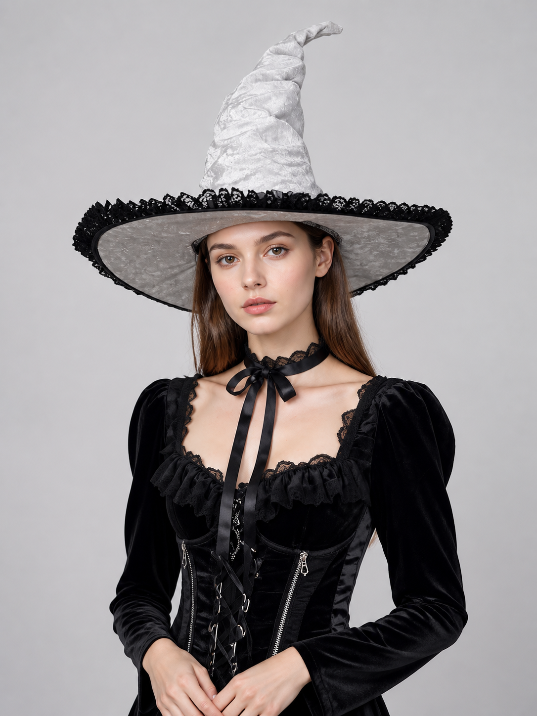 White and Black Witch Hat, Wide Brim Pointed Hat with Lace Trim and Curved on-model front view 2