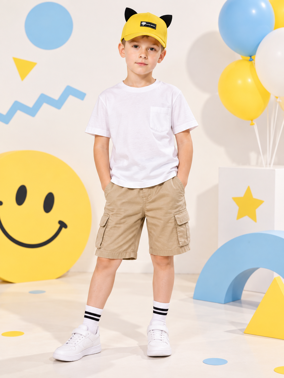 Yellow baseball cap with black ears and patch