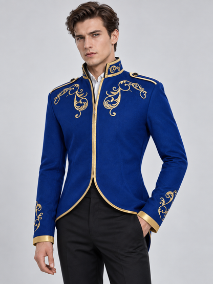 Blue tailcoat with gold embroidery and high collar