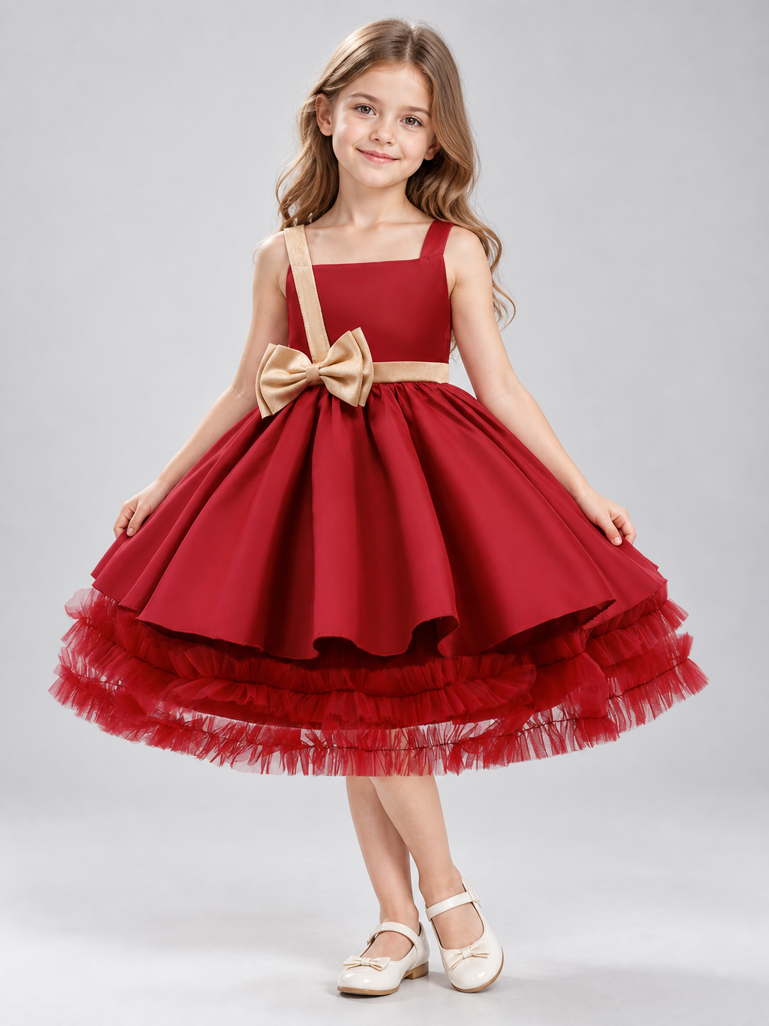 Burgundy sleeveless dress with gold bow and full skirt