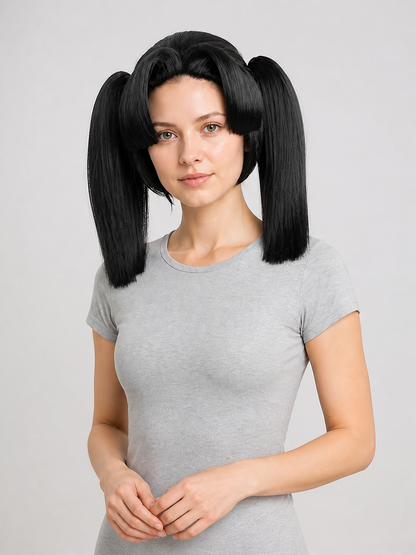Black short anime wig with two ponytails for cosplay Costume Wigs detail