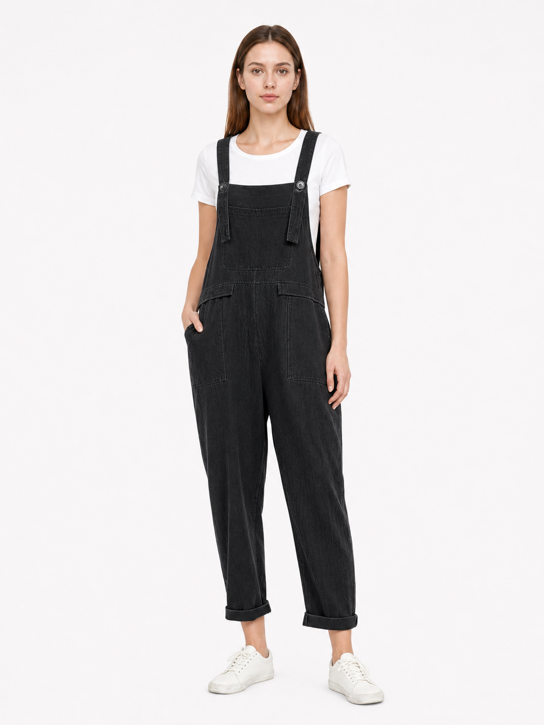 Black Loose-Fit Overalls with Pockets