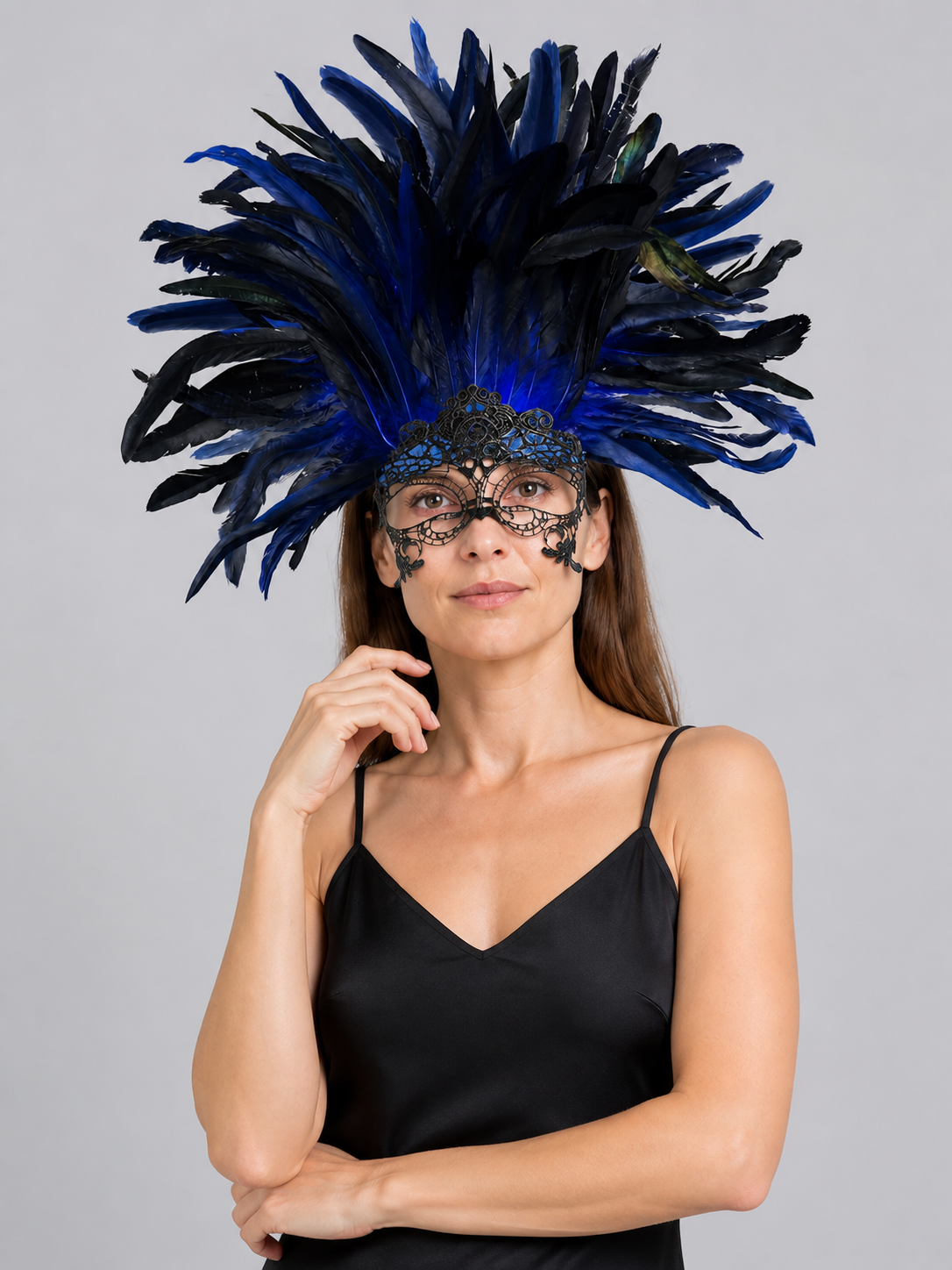 Carnival Headpiece with Blue-and-Black Feathers and Mask Costume Masks detail