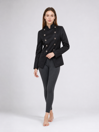 Black jacket with an asymmetrical double-breasted placket