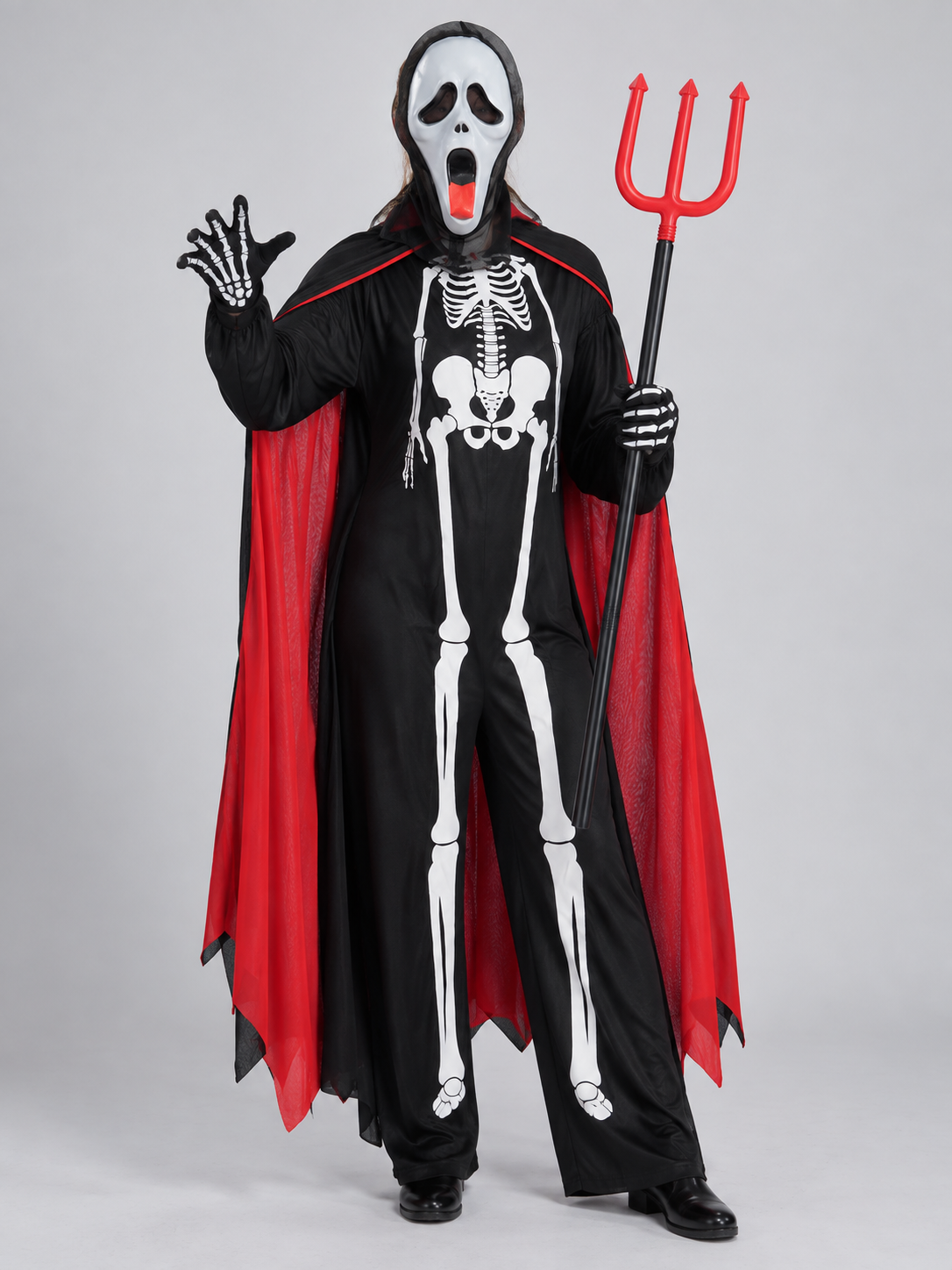 Skeleton costume with mask, cape, and trident Costume Capes detail