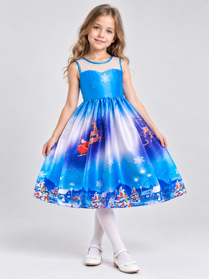 Blue Girls' Christmas Dress with Christmas Print
