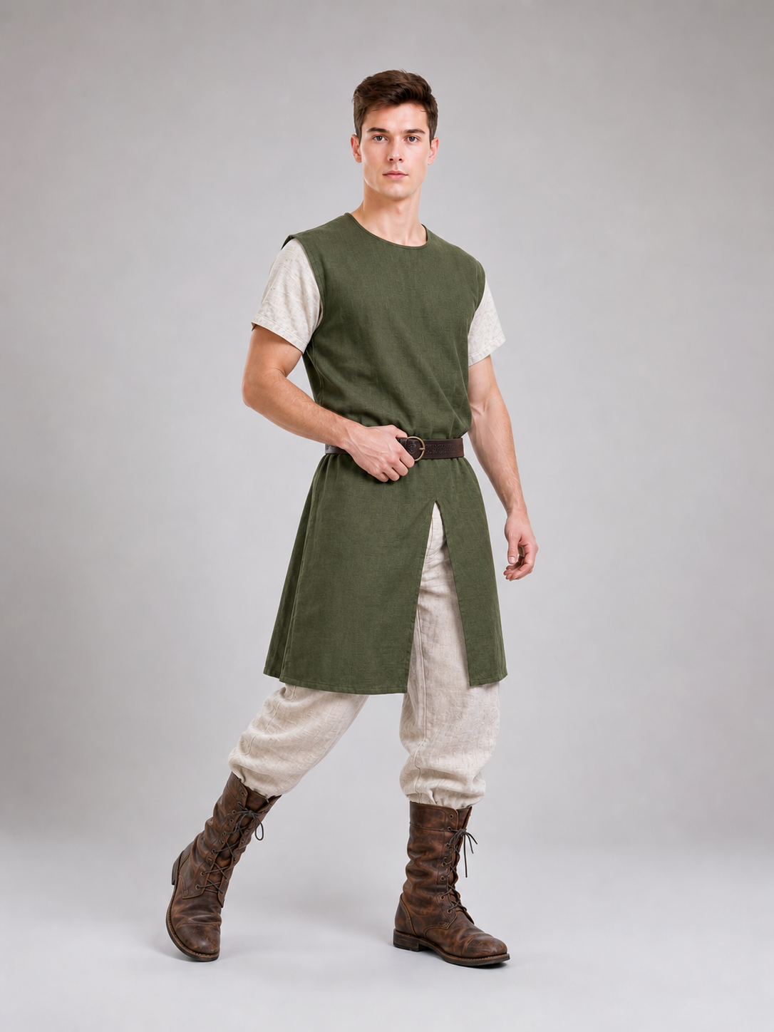 Sleeveless olive tunic with belt