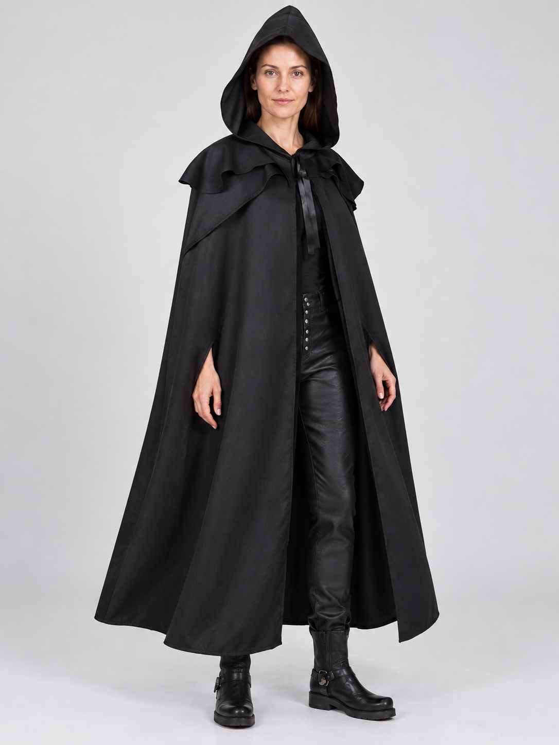 Long Black Hooded Cloak with Capelet