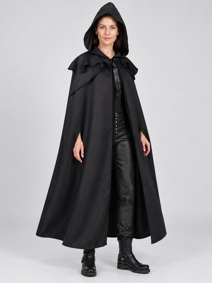 Long Black Hooded Cloak with Capelet