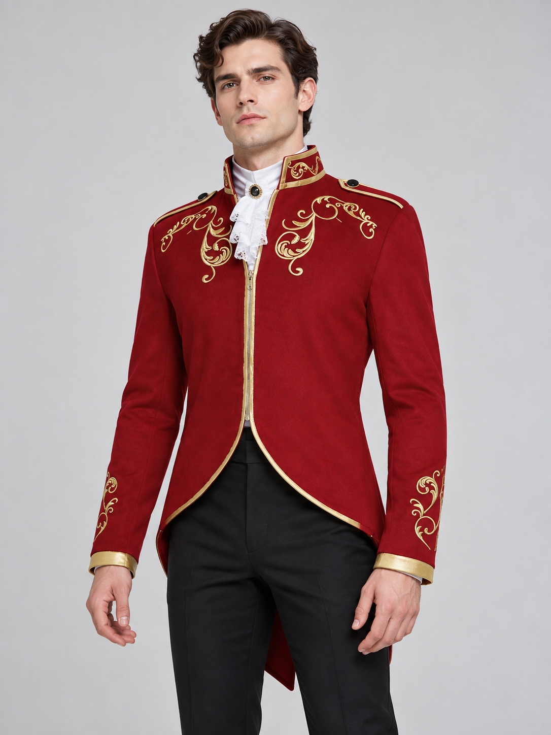 Red tailcoat with gold embroidery and zipper
