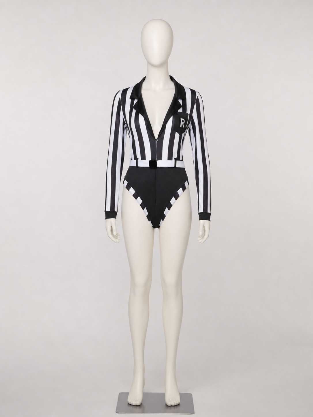 Striped Referee Jumpsuit with Deep V-Neck