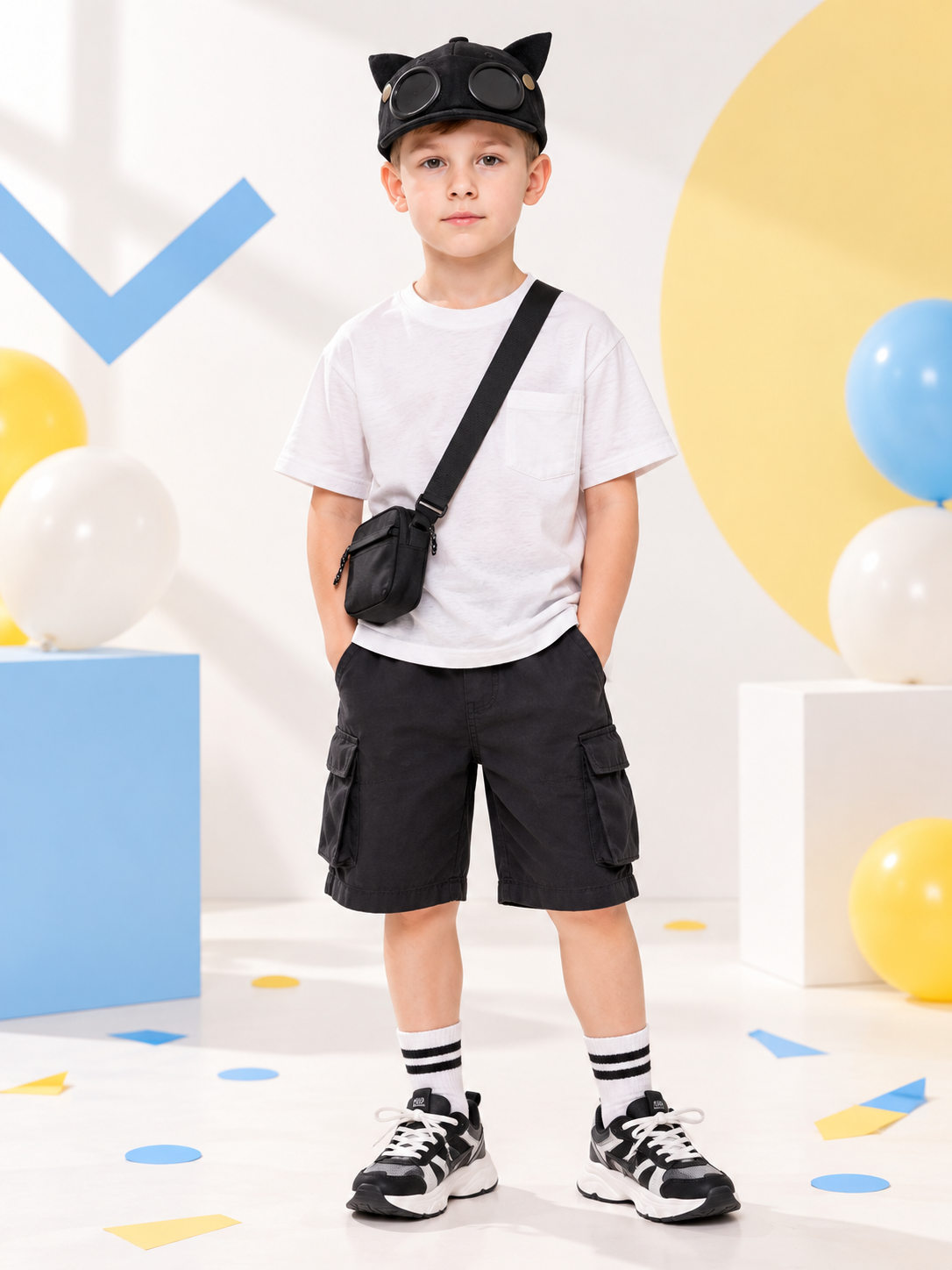Kids' Baseball Cap with Ears and Decorative Glasses, Black