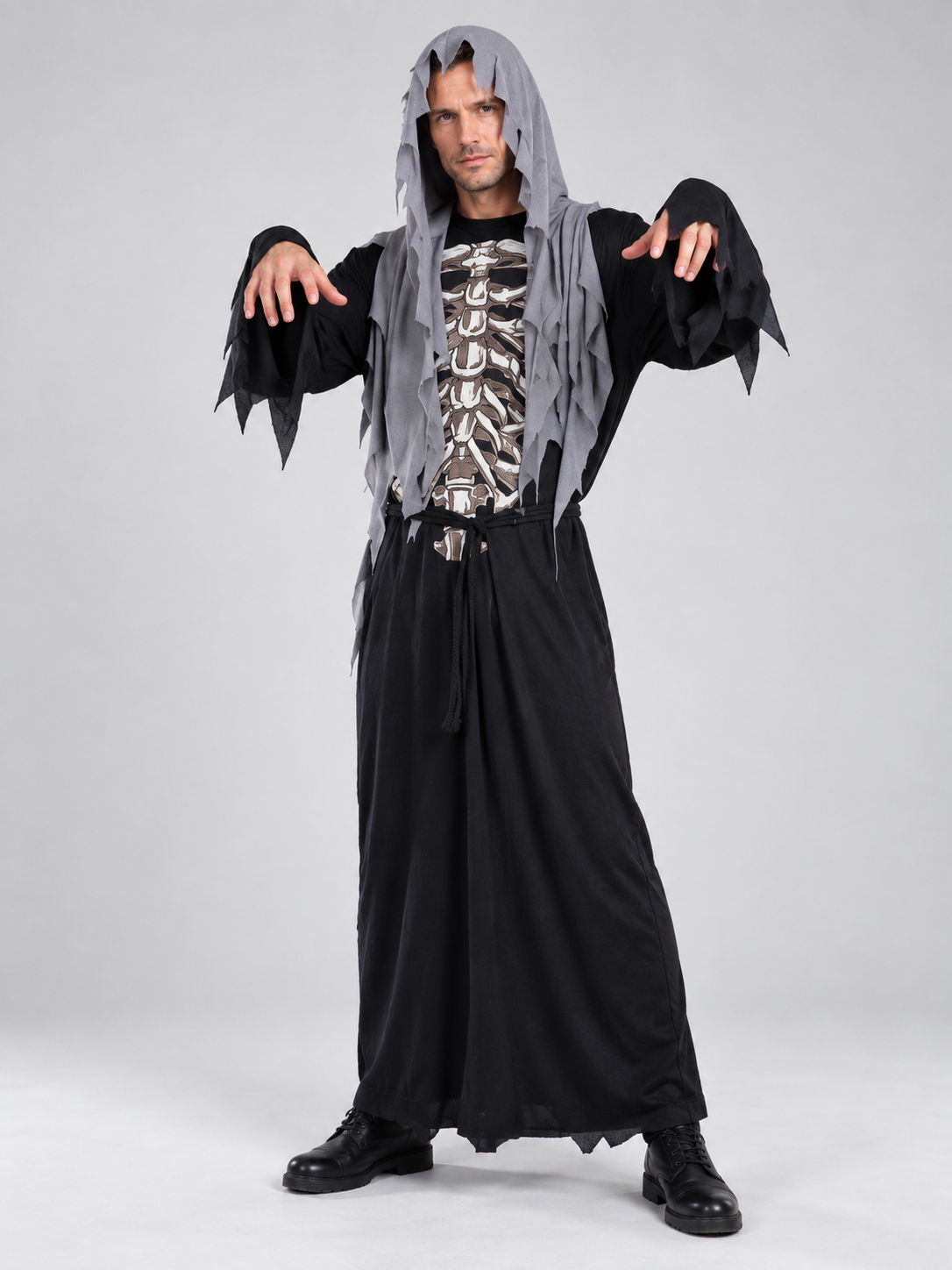 Vampire Halloween Costume with Hood and Skeleton Print