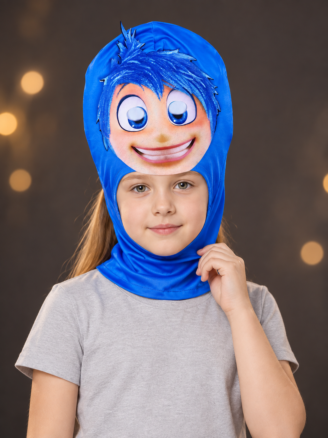 Blue carnival hood headpiece with face print