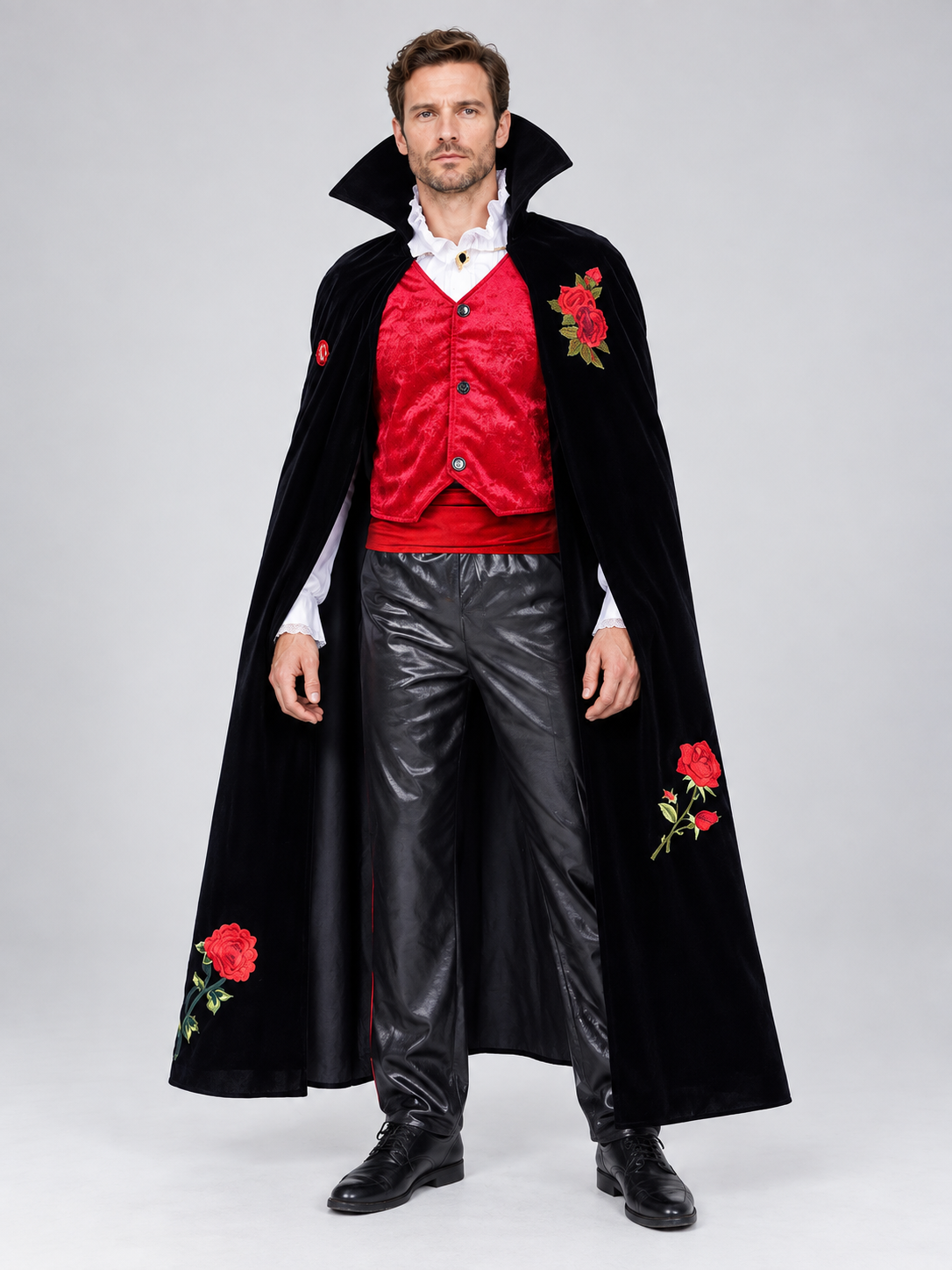 Vampire Costume with Long Cape and Red Roses Costume Capes detail