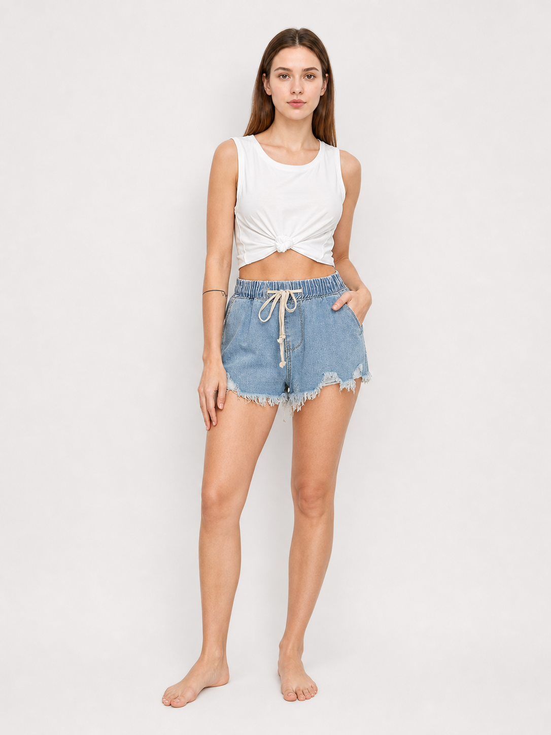 Light Blue Distressed Denim Shorts with Drawstring and Fringe product detail